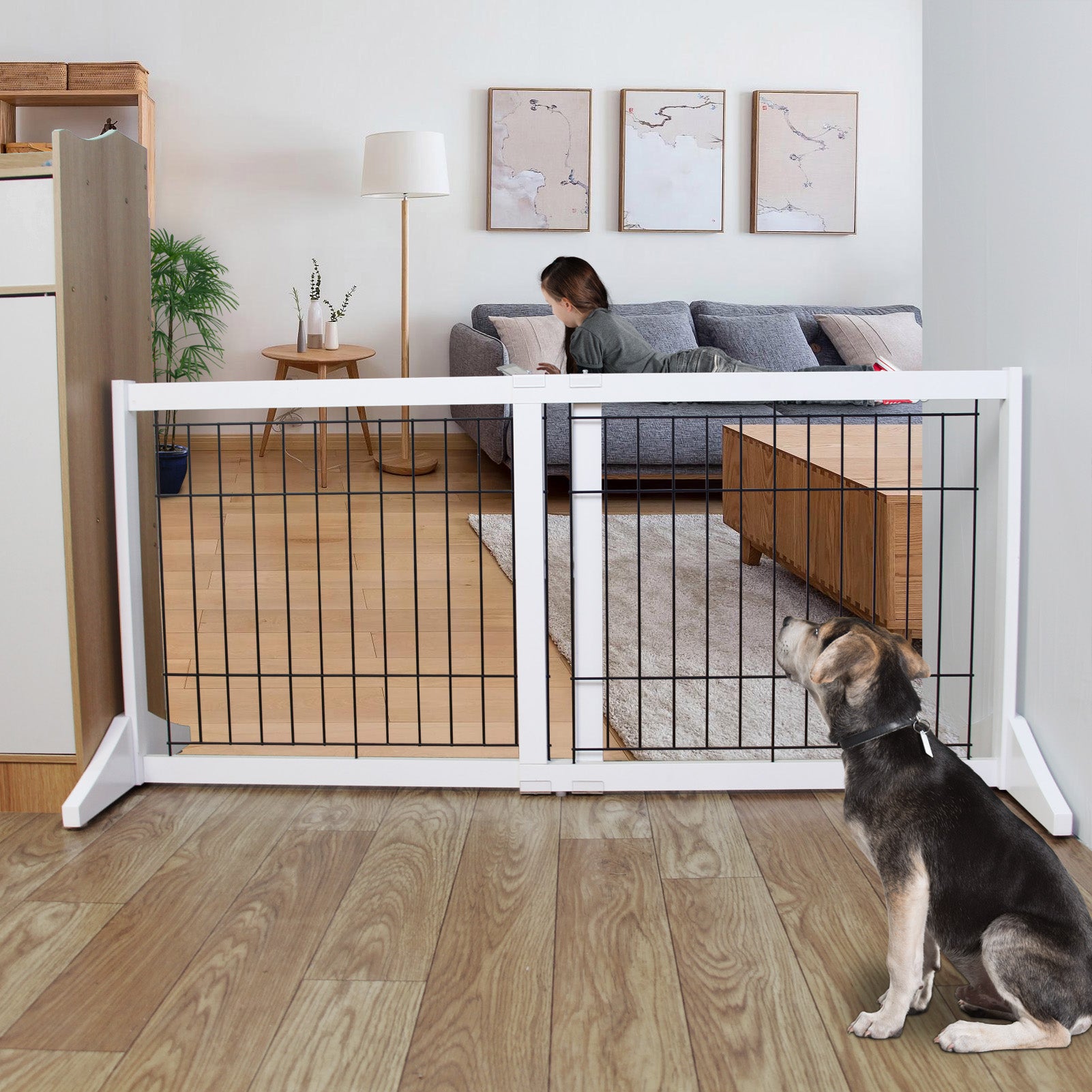 Freestanding Retractable Dog Gate,White