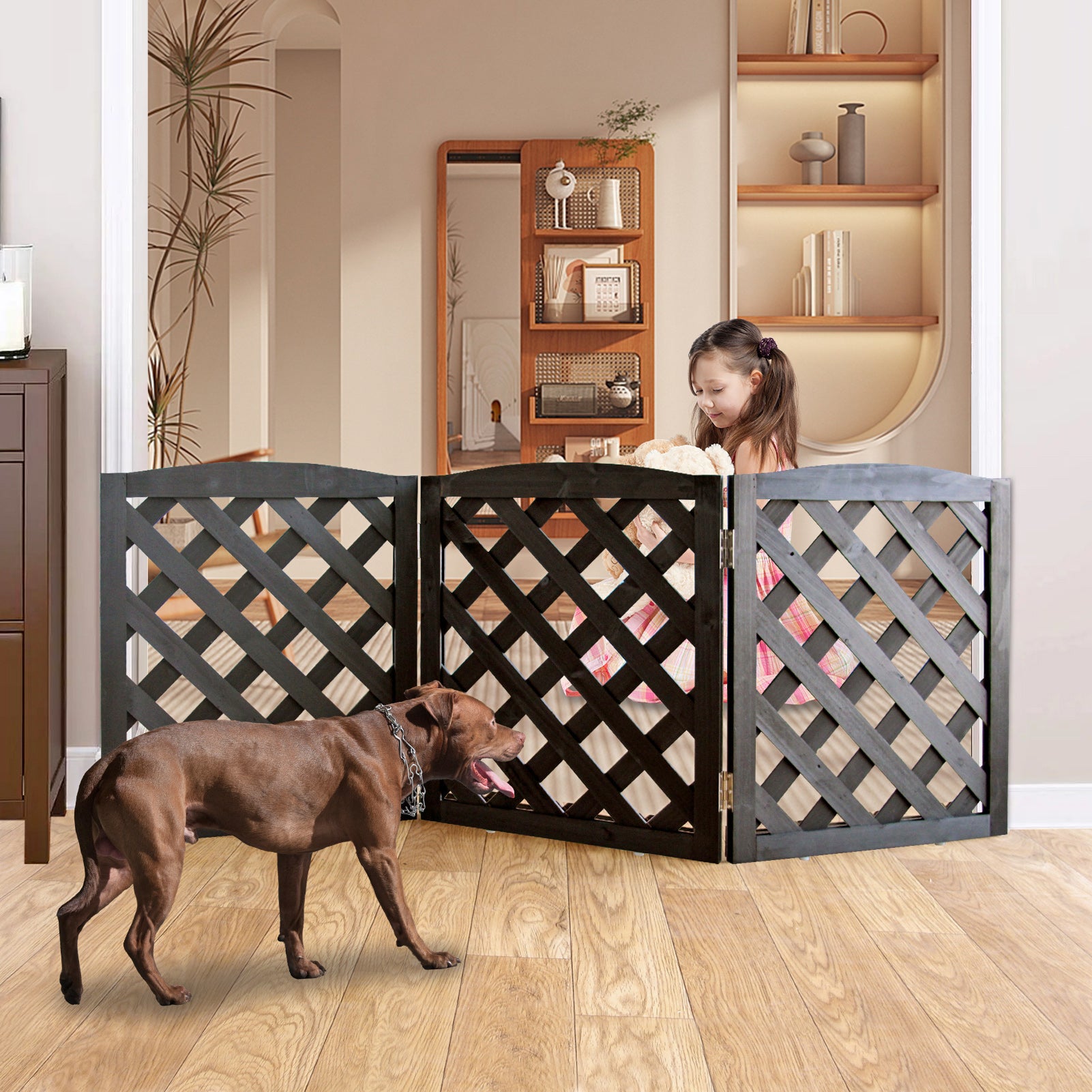 ZJSF Foldable Freestanding Wooden Dog Gate,Black/Natural/Orange