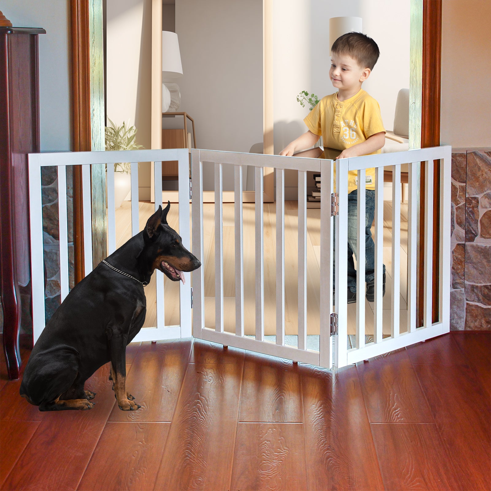 ZJSF Foldable Freestanding Wooden Dog Gate,White