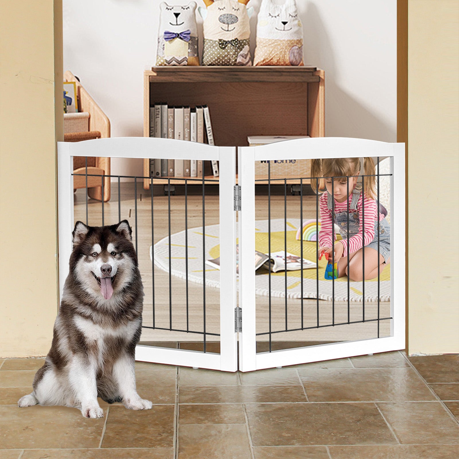 ZJSF Foldable Freestanding Dog Gate,White